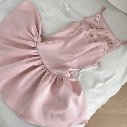 Vestido corto de satén con lentejuelas y tirantes finos, corte A, para fiesta de bienvenida, para verano, 16.º cumpleaños, GG3976