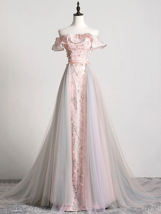 Elegante vestido de fiesta largo de tul rosa con apliques y hombros descubiertos, vestido de noche GG398