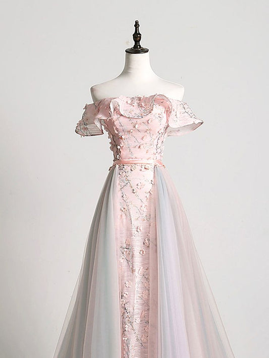 Elegante vestido de fiesta largo de tul rosa con apliques y hombros descubiertos, vestido de noche GG398