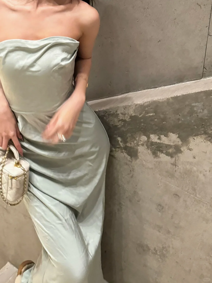 Vestido de fiesta largo de satén con corte sirena, sencillo y sin tirantes, para fiesta de graduación o noche formal GG4016