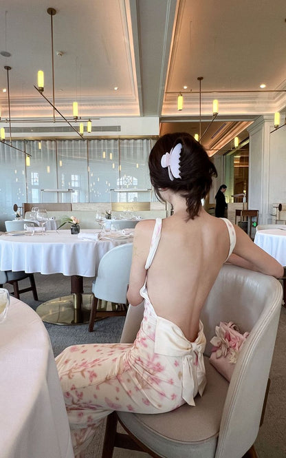 Vestido de fiesta largo de sirena con tirantes finos, satén, estampado floral, espalda descubierta, GG4018
