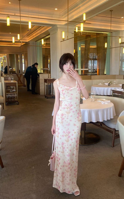 Vestido de fiesta largo de sirena con tirantes finos, satén, estampado floral, espalda descubierta, GG4018