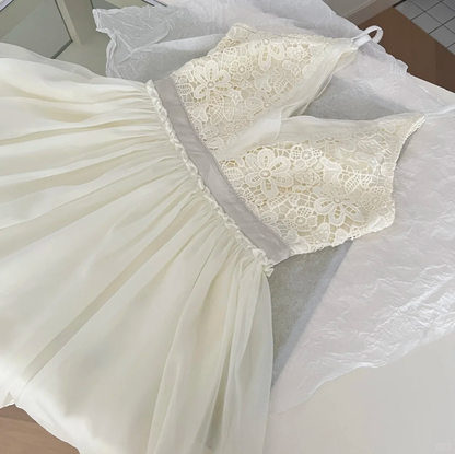 Vestido corto de gasa con encaje y tirantes finos color marfil para fiesta de bienvenida, ideal para 16 cumpleaños de verano, GG4034
