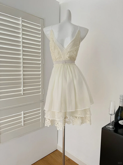Vestido corto de gasa con encaje y tirantes finos color marfil para fiesta de bienvenida, ideal para 16 cumpleaños de verano, GG4034
