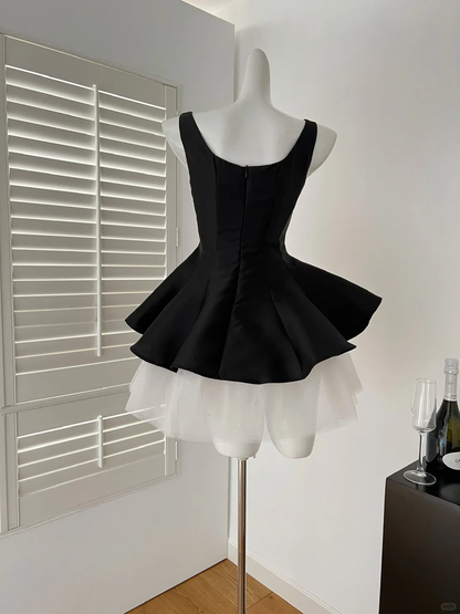Vestido negro de fiesta corto de satén y tul con corte en A, para verano, para 18 cumpleaños, GG4035