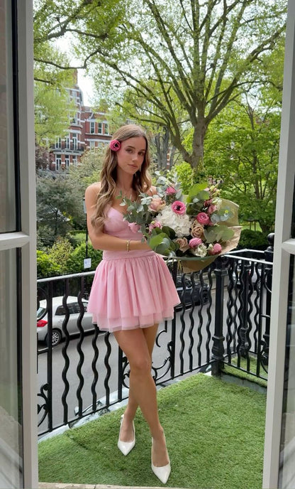 Vestido corto de tul satinado rosa con tirantes finos, corte A, para fiesta de bienvenida, para cumpleaños número 17, GG4046