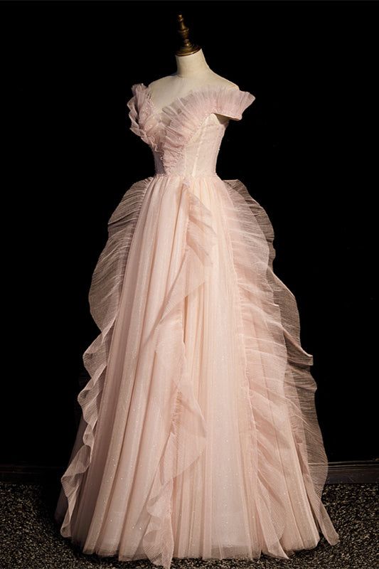 Vestido de fiesta largo elegante de tul rosa con lentejuelas y hombros descubiertos, corte en A, vestido de noche GG405