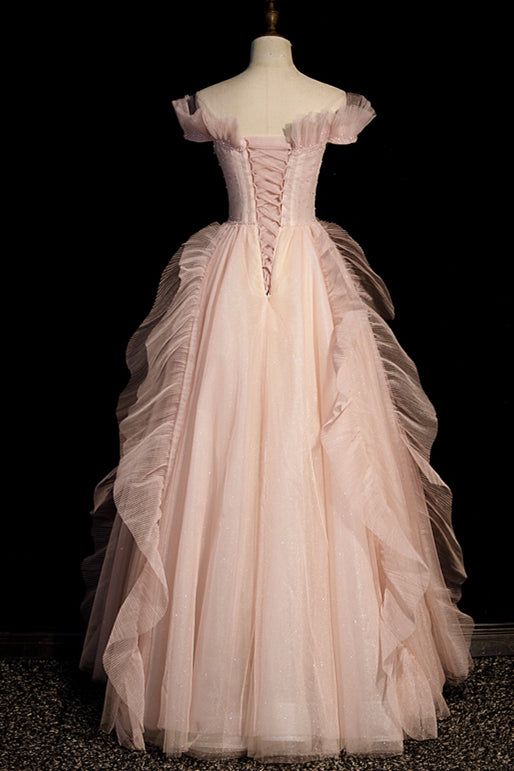 Vestido de fiesta largo elegante de tul rosa con lentejuelas y hombros descubiertos, corte en A, vestido de noche GG405