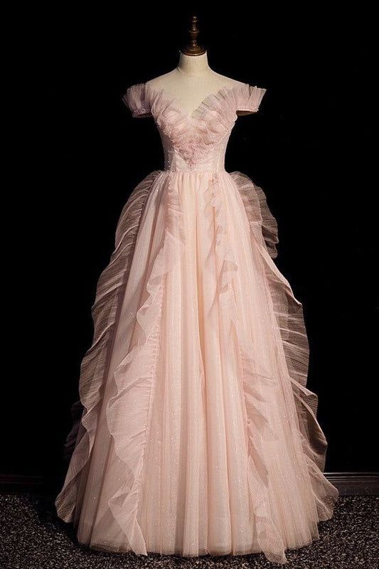 Vestido de fiesta largo elegante de tul rosa con lentejuelas y hombros descubiertos, corte en A, vestido de noche GG405