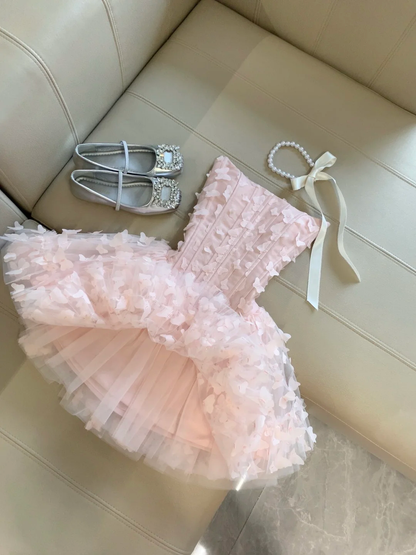 Vestido corto rosa para fiesta de 18 años, sin tirantes, con apliques de tul, para fiesta de bienvenida, vestido de cumpleaños de verano GG4119