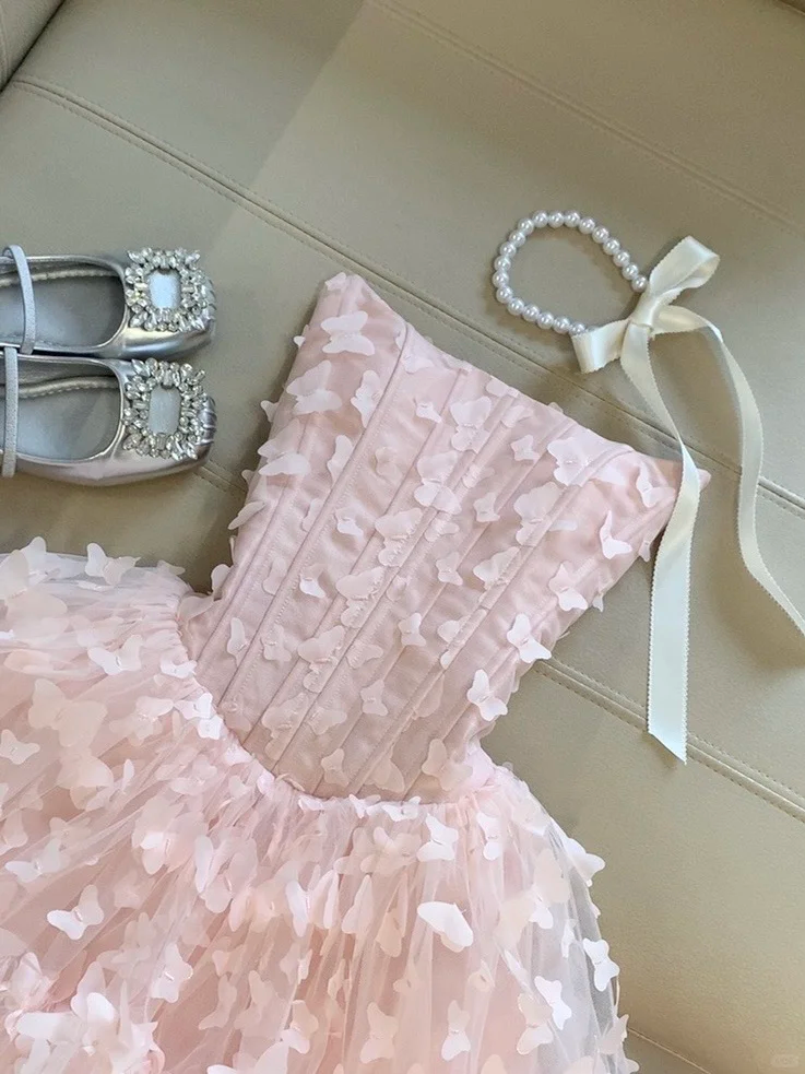 Vestido corto rosa para fiesta de 18 años, sin tirantes, con apliques de tul, para fiesta de bienvenida, vestido de cumpleaños de verano GG4119