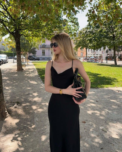 Vestido largo de satén negro con tirantes finos y corte sirena, para fiesta, noche formal, GG4135