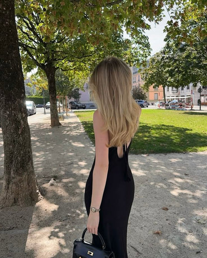 Vestido largo de satén negro con tirantes finos y corte sirena, para fiesta, noche formal, GG4135