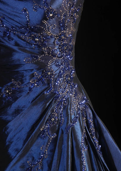 Navy A Line Strapless Satin Pleated Beads Long Prom Dress,Party Dress,Formal Evening Dress GG4136