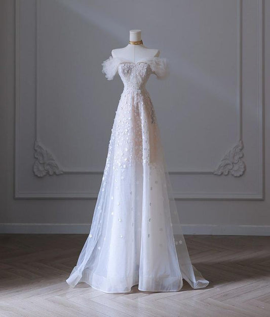 Elegante vestido de fiesta largo con apliques de tul rosa claro y hombros descubiertos, vestido de noche GG417