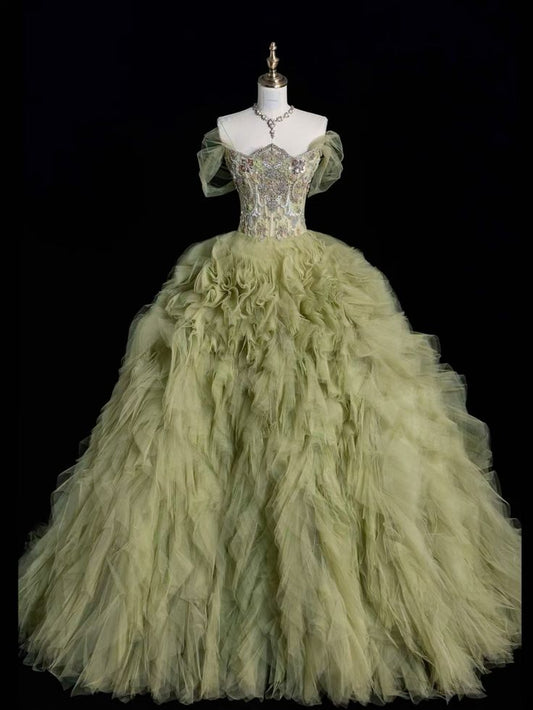 Exquisito vestido de fiesta largo de tul verde con lentejuelas y hombros descubiertos, vestido de noche GG424