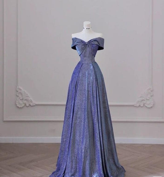 Elegante vestido de fiesta largo de satén morado con hombros descubiertos y corte en A, vestido de noche GG438