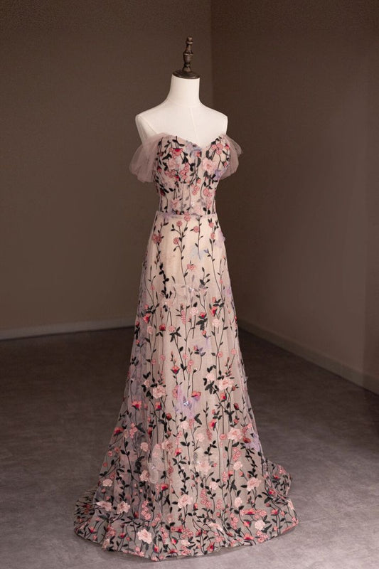 Elegante vestido de fiesta largo de tul con escote en forma de A y hombros descubiertos, vestido de noche GG444