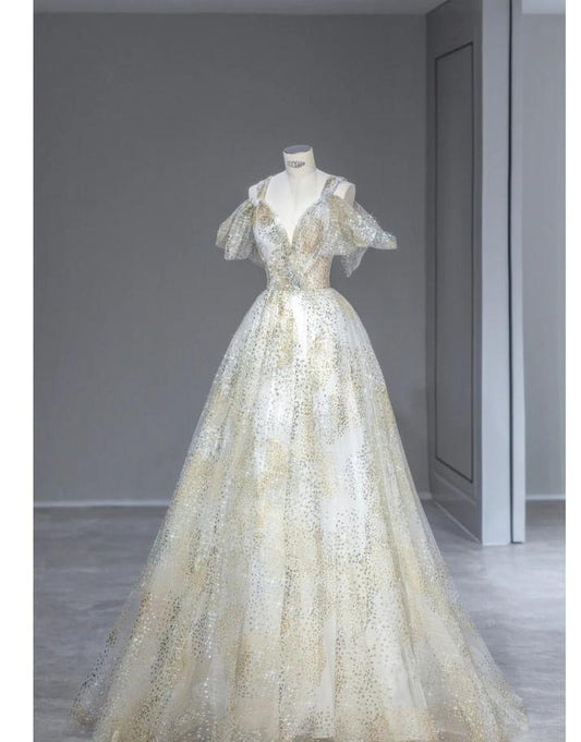 Hermoso vestido de fiesta largo de tul con cuentas y hombros descubiertos, corte en A, vestido de noche GG450