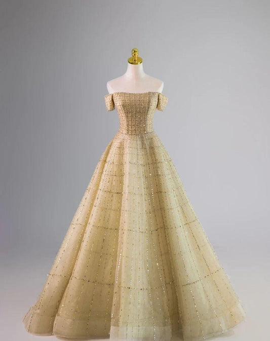 Hermoso vestido de fiesta largo de tul dorado con cuentas y hombros descubiertos, vestido de noche GG451