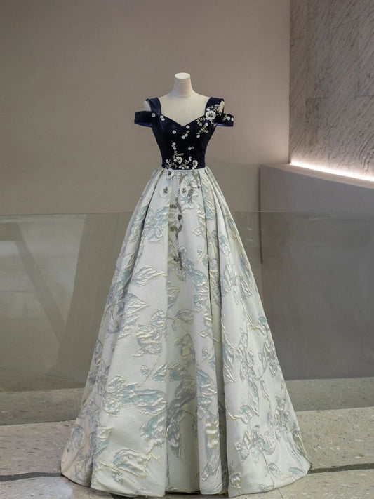 Hermoso vestido de fiesta largo de satén con hombros descubiertos y estampado, vestido de noche GG457