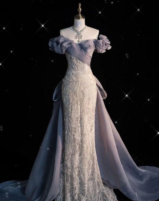 Vestido de fiesta largo elegante de sirena con hombros descubiertos, apliques de cuentas y encaje, vestido de noche GG460