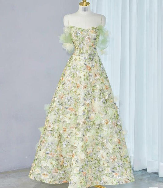 Hermoso vestido de fiesta largo con estampado de hombros descubiertos y corte en A, vestido de noche GG472