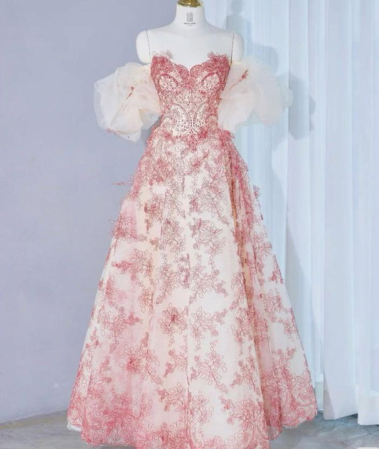 Hermoso vestido de fiesta largo de tul con apliques y hombros descubiertos, vestido de noche GG473