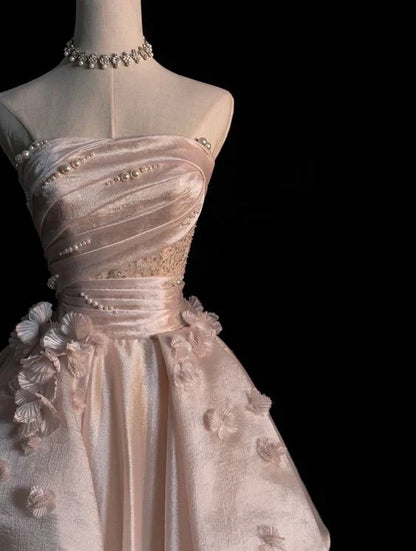 Exquisito vestido de fiesta largo de tul rosa con cuentas, sin tirantes, corte A, para novia y noche, GG475