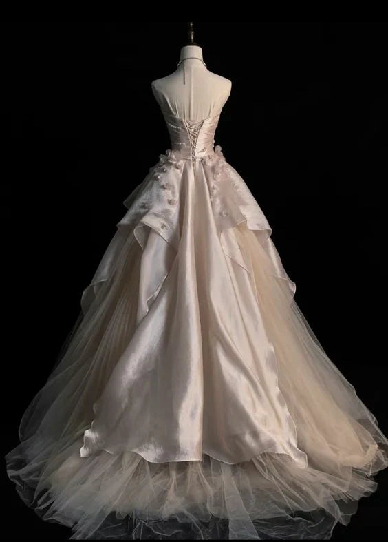 Exquisito vestido de fiesta largo de tul rosa con cuentas, sin tirantes, corte A, para novia y noche, GG475