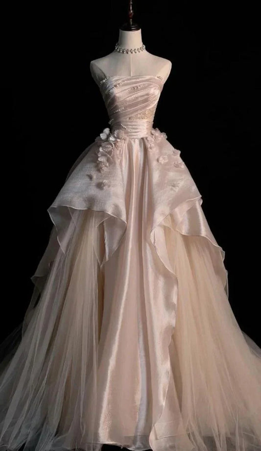 Pink Gorgeous Elegant Exquisite Beading A-Line Off Shoulder Long Tulle Ball Gown Evening Gown Wedding Dress gh3415