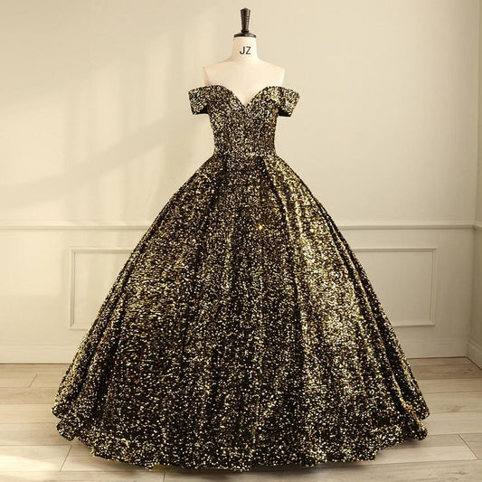 Vestido de fiesta largo con lentejuelas doradas y hombros descubiertos, brillante, GG481
