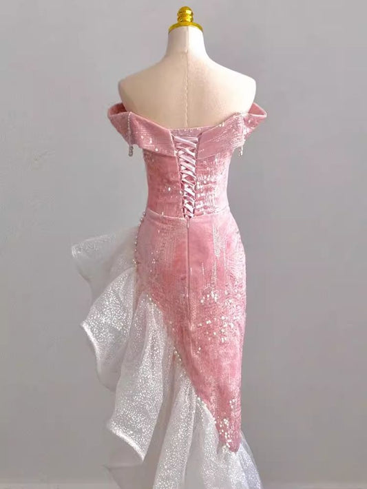 Vestido de fiesta largo elegante de sirena con hombros descubiertos, satén rosa, lentejuelas y perlas, vestido de noche GG497