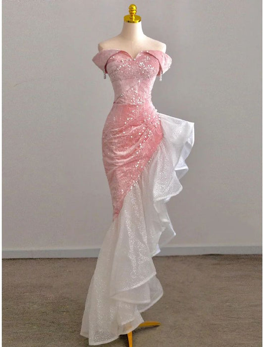 Vestido de fiesta largo elegante de sirena con hombros descubiertos, satén rosa, lentejuelas y perlas, vestido de noche GG497