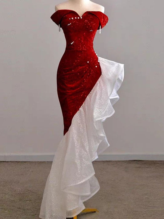Vestido de fiesta largo de satén con lentejuelas y perlas, corte sirena burdeos, hombros descubiertos, vestido de noche GG498
