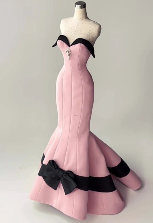 Vestido de fiesta largo de sirena, elegante, sin tirantes, escote corazón, satén rosa, lazo negro, vestido de noche GG499