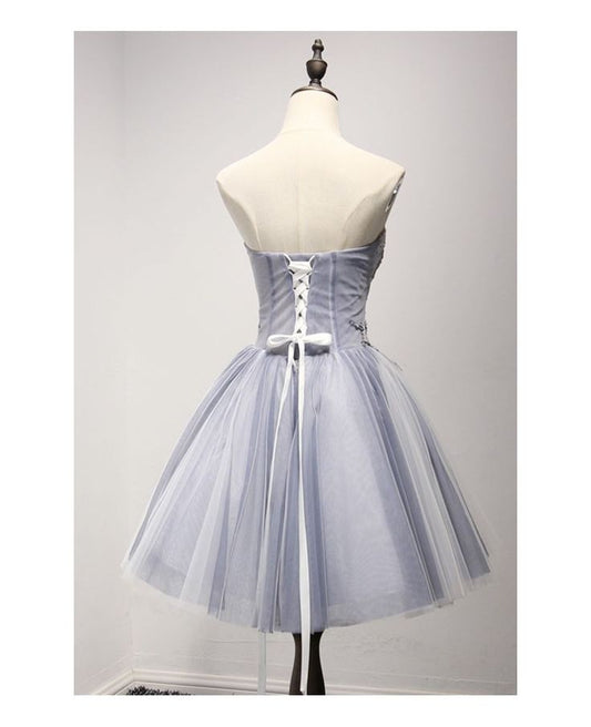 Vestido de fiesta corto con escote en forma de A, corte en A, escote corazón, tul lila, apliques, vestido de bienvenida, vestido de noche GG508