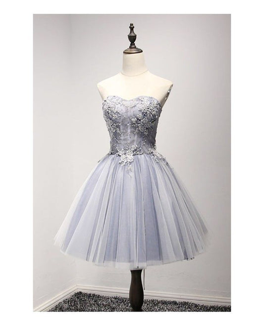 Vestido de fiesta corto con escote en forma de A, corte en A, escote corazón, tul lila, apliques, vestido de bienvenida, vestido de noche GG508