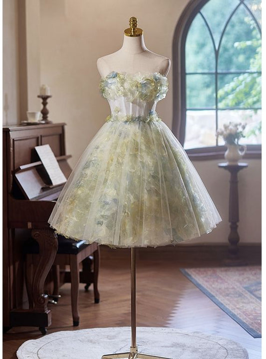Vestido de fiesta corto con escote en forma de A, escote corazón, tul, apliques florales, vestido de bienvenida y vestido de noche GG509