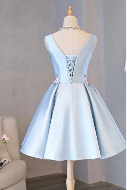 Vestido de fiesta corto de satén azul claro, sin mangas, corte A, con apliques, para regreso a casa y noche, GG510