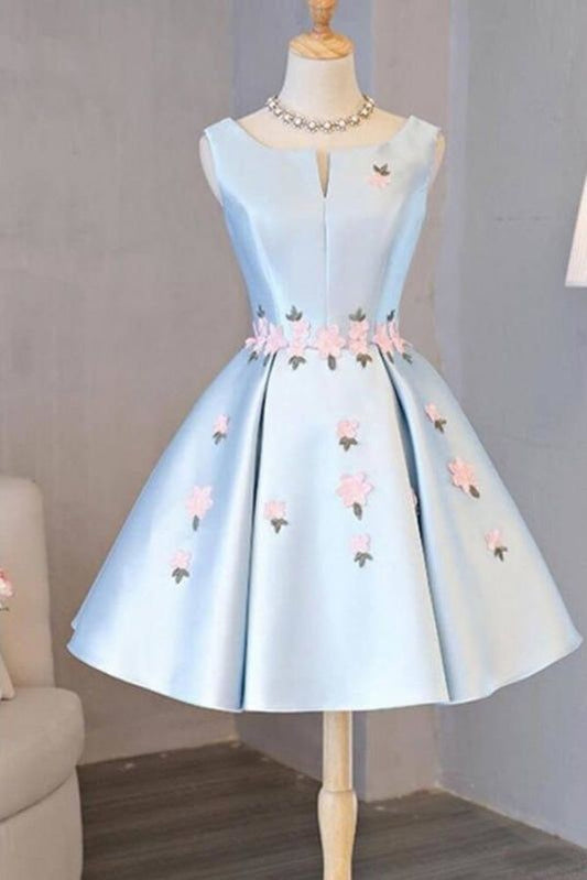Vestido de fiesta corto de satén azul claro, sin mangas, corte A, con apliques, para regreso a casa y noche, GG510