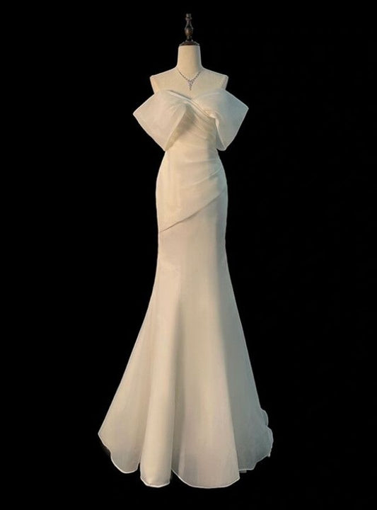 Vestido de fiesta largo de satén blanco con hombros descubiertos y corte sirena, vestido de noche GG511