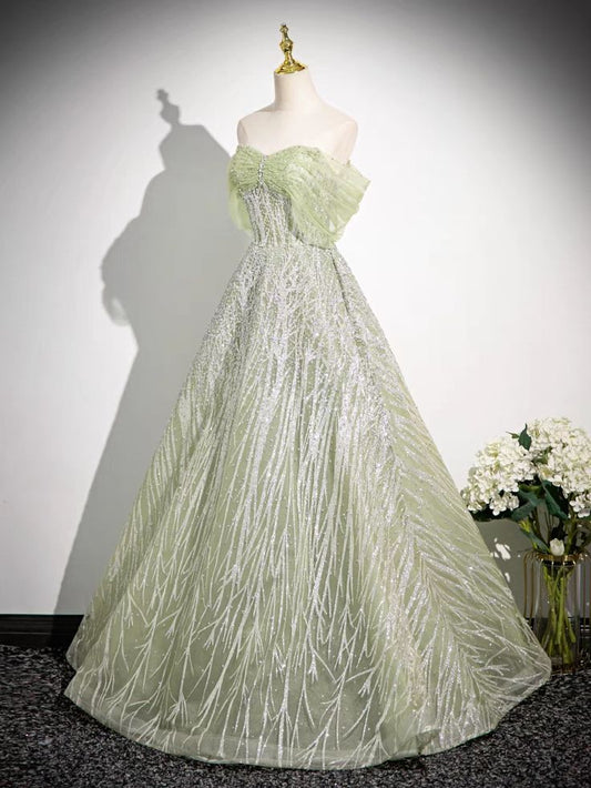 Vestido de fiesta largo de tul con hombros descubiertos y cuentas, corte en A, brillante, vestido de noche GG521
