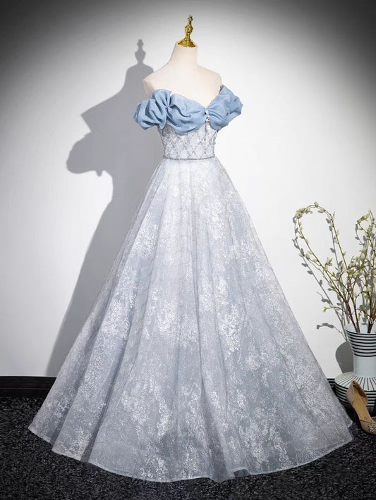 Vestido de fiesta largo de encaje con lentejuelas y hombros descubiertos, corte A, vestido de noche GG522