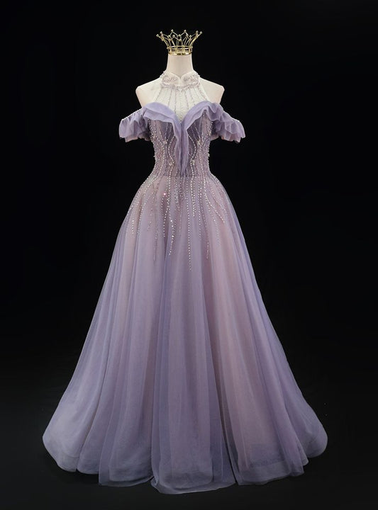 Vestido de fiesta largo elegante de corte A con cuello halter y hombros descubiertos de tul lila con cuentas, vestido de noche GG524