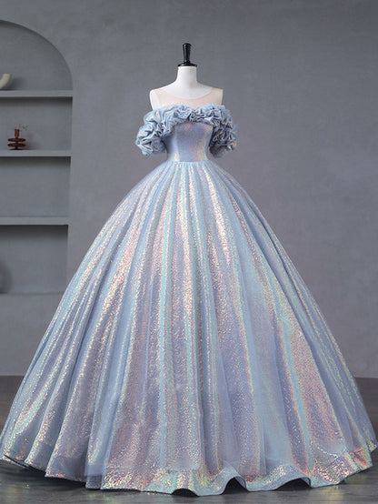Vestido de fiesta largo con lentejuelas y tul azul y morado, hombros descubiertos, GG532