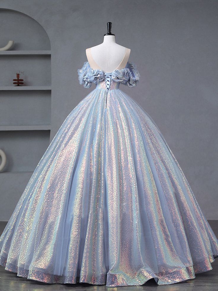 Vestido de fiesta largo con lentejuelas y tul azul y morado, hombros descubiertos, GG532