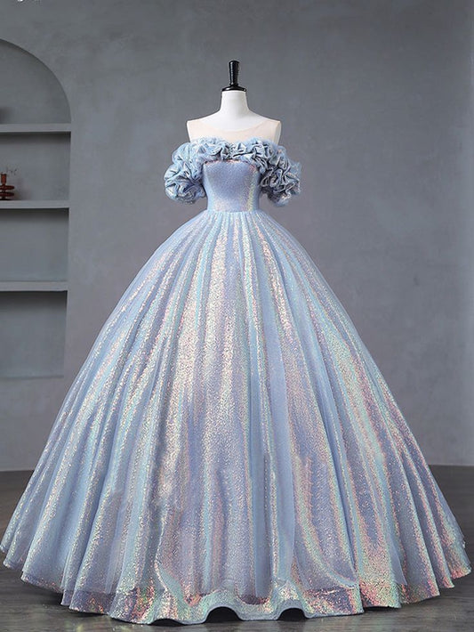 Vestido de fiesta largo con lentejuelas y tul azul y morado, hombros descubiertos, GG532