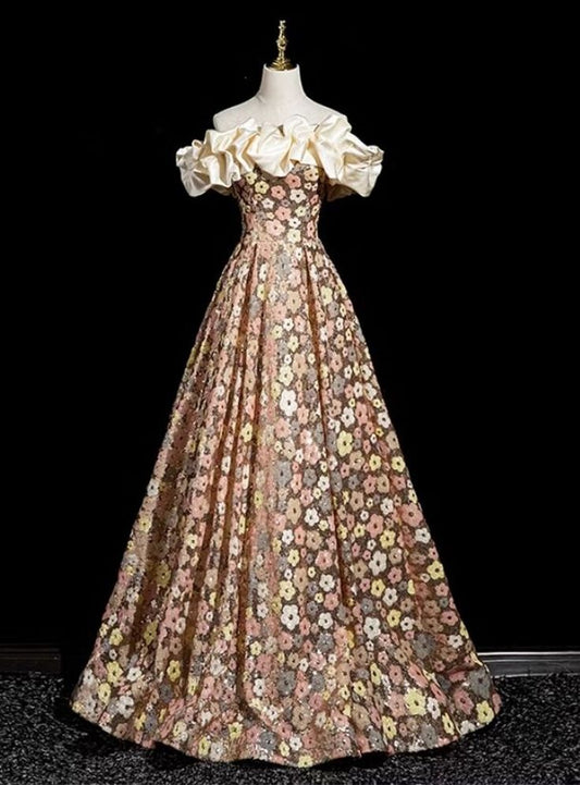 Vestido de fiesta largo de satén con lentejuelas y flores, corte A, hombros descubiertos, colorido, vestido de noche GG533