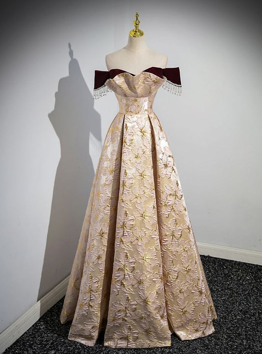 Vestido de fiesta largo elegante de satén dorado con hombros descubiertos y estampado, vestido de noche GG535
